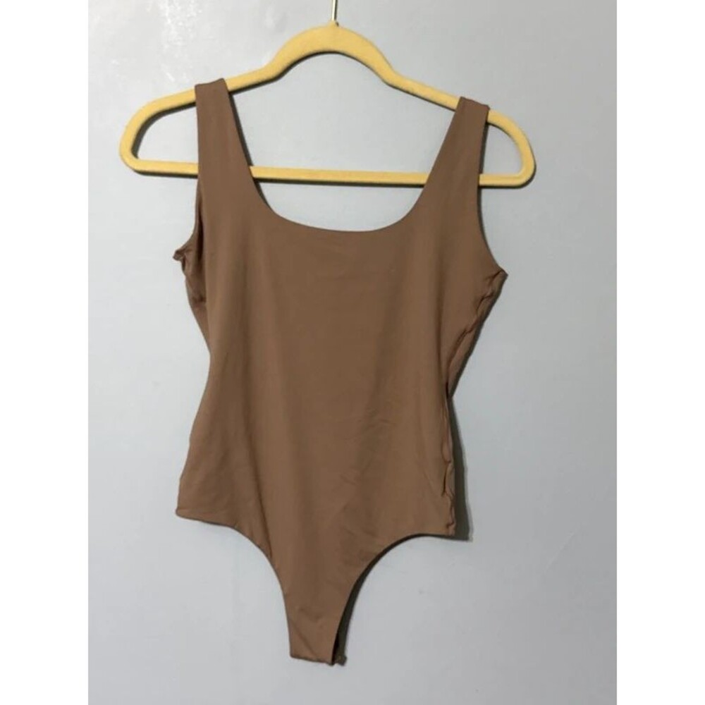 Pumiey Bodysuit Medium Brown Nude Double Layer Shaping Square Neck